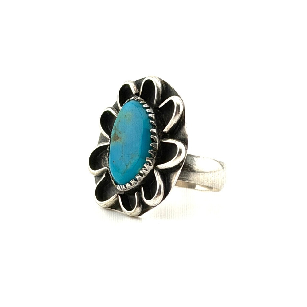 Vintage Blue Turquoise Sterling Silver Navajo Flower Frame Ring 70s Boho Size 6